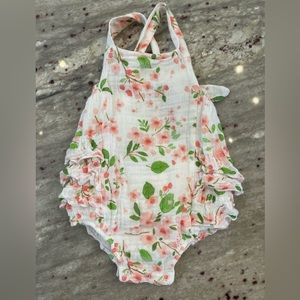 Angel Dear ruffle Sunsuit bubble white with pink & green floral. 3-6m Worn once